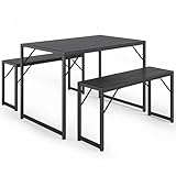 Bealife Esstisch 3er-Set, Küchentisch mit 2 Bänken, platzsparend, stabiles Stahlgestell, 3-teilig, höhenverstellbare Tischfüße, Pflegeleichte Oberfläche, für Esszimmer und Küche (Schwarz)