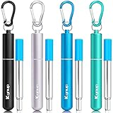 Kynup 4 Stück Strohhalme Wiederverwendbar, Trinkhalme Edelstahl, Metall Strohhalm mit Transportbox, Schlüsselanhänger, Reinigungsbürsten, Silikonstücke, Zusammenklappbar für Reise, Büro, Picknick