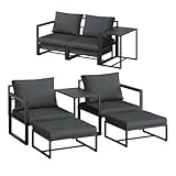 STEELSØN Gartenmöbel Set 5-TLG Asteri, Gartenlounge für 2-4 Personen, Balkonmöbel Set wetterfest inkl. 2 Sessel, 2 Hocker und 1 Tisch, Terrassenmöbel aus Metall mit Kissen Schwarz