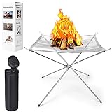Feuerschale 56cm Outdoor – Edelstahl Feuerstelle für Garten, Camping, Strand, BBQ & Picknick – Tragbare Feuerkorb mit Rost
