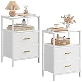 Hzuaneri Nachttisch 2er Set, Beistelltisch mit 2 Stoff-Schubladen und Regalen, Offenes Fach, Couchtisch, Nachtschrank Schlafzimmer, für Wohnzimmer, Schlafzimmer, Weiß NS30713W