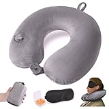 JetsCush Nackenkissen Flugzeug Aufblasbar, Reisekissen Flugzeug, Kompaktes Nackenkissen Aufblasbar mit Schlafmaske und Ohrstöpseln, Leichtes Nackenhörnchen Erwachsene für Flugzeug, Zug, Büro, Grau