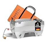 SKOTTI Grill Gas, Camping Grill Gas klein, Ideal für Camping, Festival oder Balkon, Gasgrill für Gaskartuschen, Kleiner faltbarer Campinggrill, Steckbarer Campingkocher für Grillen und Kochen