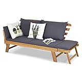 GOPLUS Gartenbank Holz, Gartensofa mit Liegefunktion, 2-3 Sitzer Holzbank mit klappbaren Seitenlehnen, inkl. Auflage, Balkonbank, Sitzbank Outdoor für Garten, Terrasse, Balkon, 157 x 75 x 75cm (Grau)