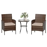 Amopatio Rattan Gartenmöbel Set, Balkonmöbel Set Kleiner 3 teilig, Outdoor Gartenlounge Wetterfest, Bistrotisch mit 2 stühlen, Terrassenmöbel für Terrasse, Balkon, Garten, Braun