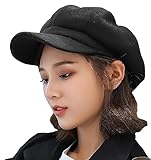 HilyBony Damen Newsboy Cap Wollfilz Visier Baskenmütze Cabbie oder Maler Outdoor Hut für Herbst Winter Warme Mütze (as3, Alpha, m, Standard, Schwarz)