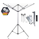 your GEAR Siena - Alu Wäschespinne für Caravan Camping Balkon Garten - Mobiler Wäscheständer mit 15m UV-beständiger Leine - Wetterfest und Platzsparend - mit Stützrad-Halterung, Standfuß, Bodenhülse