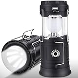 EXTRASTAR Solar Campinglampe Tragbar, Wasserdicht LED Laterne 5W, 2-in-1 Taschenlampe & Zeltlampe, USB/Solar/Batterie, Wiederaufladbare Notfallleuchte für Outdoor, Angeln, Camping, Wandern