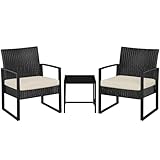 Yaheetech Balkonmöbel Set, Gartenmöbel-Set aus PE-Polyrattan Wetterfest inkl. 2 Stühle mit Sitzkissen & Tisch, 3 Teilig Terrassenmöbel Sitzgruppe Lounge Set für Balkon/Terrasse/Garten, Schwarz+Beige