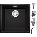 CECIPA Granit Küchenspüle Schwarz, 45x44x20 cm, Einbauspüle Rechteckig, Spülbecken Ohne Hahnloch, 1 Becken, Spüle Küche Modern, Waschbecken für Küchen