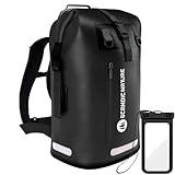 SCANDIC NATURE PIONEER 35L wasserdichter Rucksack schwarz mit Rolltop Verschluss - extra robust dank Boden mit 1000D PVC LKW-Plane, 3 Reflektor-Streifen Rollverschluss, wasserfeste IPX8 Handyhülle