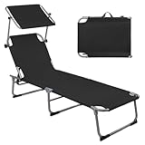 Montafox Sonnenliege 195 x 59 x 32 cm Strand Liege Tragbar max.150 kg Sonnendach Verstellbarer Rückenlehne Garten Pool Terrasse Klappbarer Liegestuhl, Farbe:Schwarz