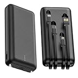 Powerbank 20000mAh, Tragbares Ladegerät mit Integrierten Kabeln, USB-C-Powerbank mit 4 Ausgängen und Taschenlampe, Externer Akku für iPhone iPads Samsung Tablet (Schwarz)