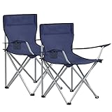 SONGMICS Campingstuhl, 2er Set, Klappstuhl für Outdoor, Angelstuhl mit Armlehnen und Getränkehalter, tragbar, klappbar, bis 120 kg belastbar, für Camping, Garten, Strand, Terrasse, dunkelblau GCB01IN