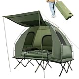 COSTWAY Feldbett mit Zelt für 2 Personen, Campingbett mit Luftmatratze, Schlafsack, 2 Kissen und Vorzelt, Campingliege mit Tragetasche auf Rädern, 194 x 145 x 187 cm