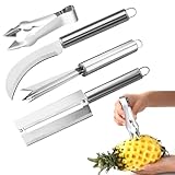 Ananasschneider Sparschäler Edelstahl,Ananas Schäler Enthält Ananasmesser,Zuckerrohrmesser,Klammer zum Entfernen der Kerne und Ananasgabel,Bananenschneider für Ananas,Zuckerrohr,Banane(4 Stück)