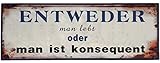 Nostalgie Retro Blechschilder | Entweder man lebt oder man ist konsequent | Shabby Chic, Antik Metallschild für inner & draußen 13 x 36 cm