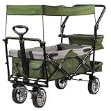 Zelsius Bollerwagen faltbar mit Dach | Grün/Grau | Transportwagen mit Gurtsystem | Handwagen, Strandbollerwagen, Gerätewagen | Faltbollerwagen klappbar, Gartenkarre mit Sonnendach, Transportkarre