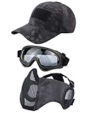 Hodeacc Taktische Maske, Baseballkappen-Set, Verstellbare Halbgesichtsmaske Mit Ohrenschutz, Airsoft-Brille, Augenschutz, Outdoor-Hut für BB/CS-Spiele, 3 Stück