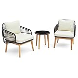 GIANTEX 3 TLG. Gartenmöbel Set, Balkon Terrassenmöbel Polyrattan, Balkontisch Bistrotisch mit Glasplatte, Balkon Möbel Loungemöbel 2 Korbstühlen inkl. Kissen, Balkonset Garten Sitzgruppe Sitzgarnitur