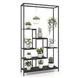 RELAX4LIFE Pflanzenständer mit 6 Ebenen Dachregal, 180cm Blumenregal mit 10 Aufhängehaken, Blumenständer mit Metallrahmen Kippschutz, Multi-Blumenregal für Balkon Wohnzimmer Garten (Schwarz)
