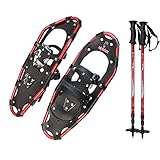 ALPIDEX Schneeschuhe Aluminium Rahmen Damen Herren ab Schuhgröße 36 bis 135 kg Ratschenbindung Tragetasche, Farbe:Black/Red 25 mit Stöcken