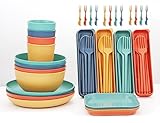 48 Teiliges Unzerbrechliches Wiederverwendbar Geschirr Set,Camping Geschirr Set,Camping für 4 Personen Plastikgeschirr Picknick Leicht Bunt Grill Kunststoff Servierteller Schüsseln Besteck