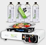 GREEN CAMP® Gaskocher inkl. 4 Kartuschen - Campingkocher mit Piezozündung - Camping Gaskocher stufenlos regulierbar - Gaskocher Camping 1-Flammig