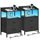 Hzuaneri Nachttisch 2er Set, mit LED-Leuchten und ladefunktion, Beistelltisch mit 2 Stoff-Schubladen und Regalen, mit USB-Anschlüssen & Steckdosen, für Schlafzimmer, Wohnzimmer, Schwarz NS36204B