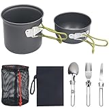 Behogan Camping Kochgeschirr Set, Faltbare Camping Topf Outdoor mit Faltbarer Messer Gabel, Camping Töpfe, Camping Geschirr, Camping Geschirr aus Aluminium mit Klappgriffen für 1-2 Personen Geeignet