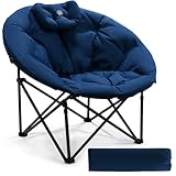 EVER ADVANCED Luxus Campingstuhl Faltbar Moonchair Übergroß 150KG Rund Klappstuhl Dick Gepolstert, Übergroßer Faltsessel Hohe Rückenlehne mit Kissen, Extra Breit für Outdoor Garten Balkon Indoor, Blau