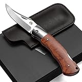 ODENWOLF VIRUM Zweihand-Klappmesser - Ein echter Gentlemen Folder mit hochwertigem Wurzelholz Griff - Taschenmesser Holzgriff - Edles Survival Outdoor Messer - Zweihandmesser inkl. Echt-Leder Tasche