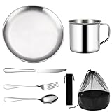 Camping Geschirr 1 Person - Camping Besteck Set 7 Teilig, Wiederverwendbarer Edelstahl Becher, Teller und Gabel, Löffel, Bestecktasche, Campinggeschirr für Outdoor Wandern und Picknick Zubehör