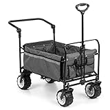 Waldbeck Easy Rider Handwagen mit Teleskopstange und extrabreiten Reifen - Outdoor Edition, Bollerwagen, zusammenklappbar, Belastbarkeit bis 70kg, Polyester, 2 Sicherheitsgurte für Kinder, grau