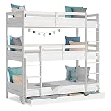Homestyle4u Dreifach Etagenbett 90x200 für 3 Kinder mit Treppe Bettkasten Lattenrost Kinderbett Hochbett Weiß Kiefer Holz | Artikel 1978