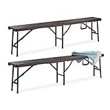 Relaxdays Bierbank 2er Set, Faltbare Partybank für Balkon & Garten, Kunststoff, Campingbank, 42,5 x 179 x 24,5 cm, braun