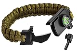 NEO TOOLS 5-in-1-Überlebensarmband, Survival-Armband, enthält Paracord, Zunder, Kompass, Messer und Pfeife. 3,5 m Seil, Seilstärke 250 kg, Armbandbreite 26 mm, Umfang 240 mm, Zunder 5 x 20 mm, grün