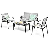 GIANTEX 4 TLG. Gartenmöbel Lounge Set, Gartenlounge Set mit Couchtisch & Gartenbank & 2 Essstühle, Textilene Balkonmöbel Set 4 Personen, Terrassenmöbel Garten Sitzgruppe Sitzgarnitur (Grau)