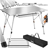 tectake® Campingtisch, Klapptisch aus Aluminium, aufrollbare XXL Tischplatte, Campingtisch faltbar, Reisetisch, Gartentisch, wetterfest, höhenverstellbare Beine, Tragetasche, 120 x 70,5cm - Silber