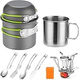 Camping Kochgeschirr Mess Kit für 1 Person, ISFORU Camping Antihaft-Kochset enthalten Rucksack Topf und Pfanne Set mit 304 Edelstahl Tasse und Utensilien Set (Mit Campingkocher)