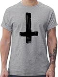 T-Shirt Herren - Symbol und Zeichen Outfit - Umgedrehtes Kreuz Vintage - L - Grau meliert - Shirt Antichrist Religion Funshirt t satanismus Fun-t-Shirts petruskreuz Tshirt umgedrehte Shirts