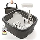 Hausfelder Camping Spülset – Spülwanne mit Henkeln & Abtropfgitter aus Kunststoff – leicht, robust für Outdoor-Küche & Wohnmobil (Anthrazit Schwarz Weiß, Wanne 16L + Abtropfgestell)