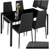 tectake Essgruppe Set Tisch und Stühle, Esstisch und 4X Stuhl, strapazierfähiges Kunstleder, Tischplatte aus Sicherheitsglas, Küchenstühle modern, Küche - schwarz