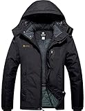 GEMYSE Herren Wasserdichte Berg-Skijacke Winddichte Fleece Outdoor-Winterjacke mit Kapuze (Pures Schwarz,L)