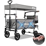 Sekey Bollerwagen Faltbar mit Dach 2 Kinder 150KG, Faltbarer Bollerwagen Handwagen Schiebegriff, Kinderwagen Stoßfest PU Räder mit Bremsen 110L, SS5050, Grau