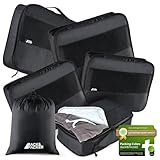 BACK&PACKER® Packing Cubes mit Kompression 6-teilig - Packtaschen Set aus recyceltem Material - Leichte Organizer für Rucksack & Koffer - inkl. Packwürfel für nasse Wäsche & Beutel (schwarz)