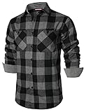PARKLEES Herren-Fleece-Hemd, klassisch, stilvoll, normale Passform, lässig, langärmelig, Knopfleiste, kariert, mit Tasche, Grau / Schwarz, XL