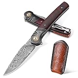 Omesio Damast Klappmesser, Klingenlänge 8,3 cm, Holzgriff mit Taschenclip, für den täglichen Gebrauch, für Männer und Frauen.