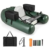 GYMAX Aufblasbares Schlauchboot, Angelboot mit Fischlineal, Belly Boot bis 100 kg belastbar, Angelbasis & 2 Staufächern, Fischerboot mit Handpumpe & Tragetasche