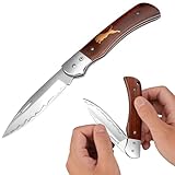 SPITZKANTE Klappmesser, Zweihandmesser aus 440C Stahl, 42a Konform, Zweihandmesser Legal In Deutschland, EDC Taschenmesser für Camping, Holzgriff